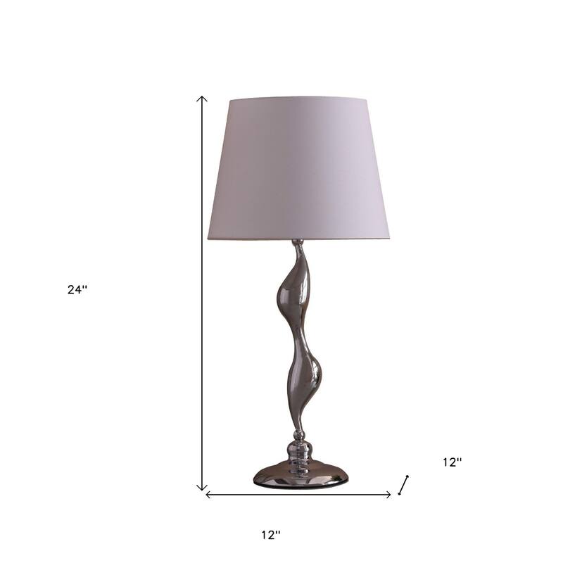 Silver Metal Bedside Lamp with White Linen Empire Shade - 12” x 12” x 24” (D x W x H)