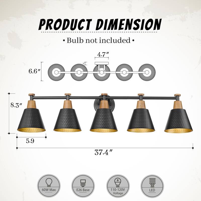 5-Light Bathroom Vanity Light,Hammered Metal Shade Gold Inside
