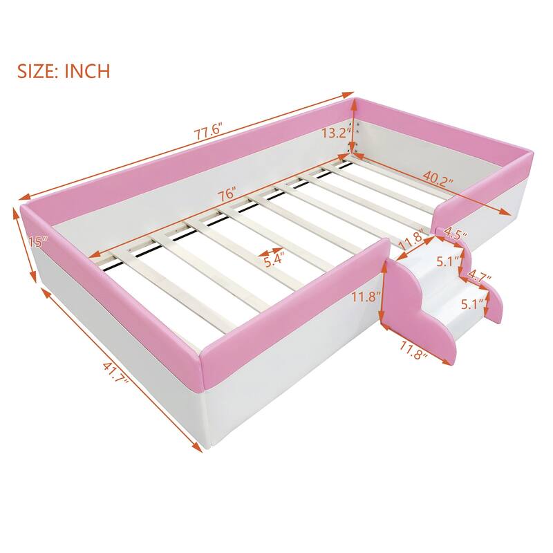 Twin Size Upholstered Daybed Frame with Fence and Stairs in Pink and White