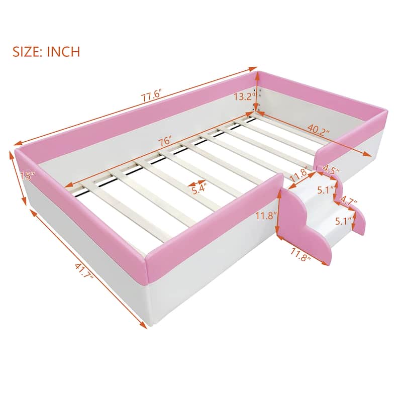 Upholstered Daybed Frame Two-color Grounded Toddler Floor Bed Low Profile Sofa Bed with Fence and Stairs Wood Slat Support Bed