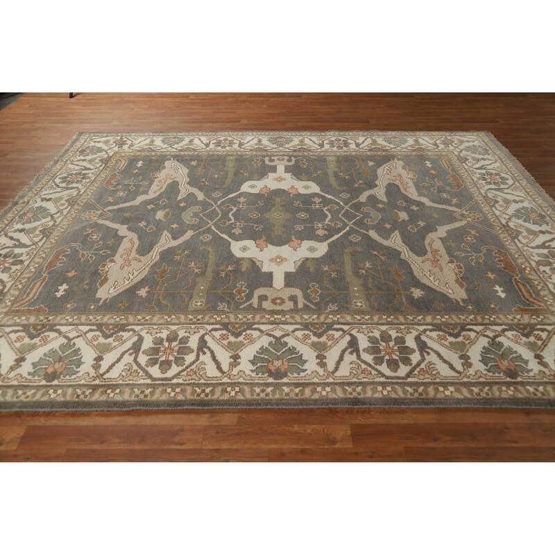 Gray Oushak Indian Area Rug Hand-Knotted Wool Carpet - 8'2" x 9'8"