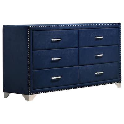 Cale 60 Inch Modern Glam Wood Dresser, 6 Drawer, Velvet, Nailhead, Blue