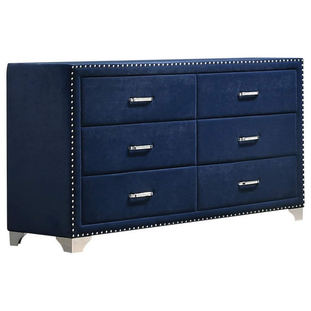 Cale 60 Inch Modern Glam Wood Dresser, 6 Drawer, Velvet, Nailhead, Blue