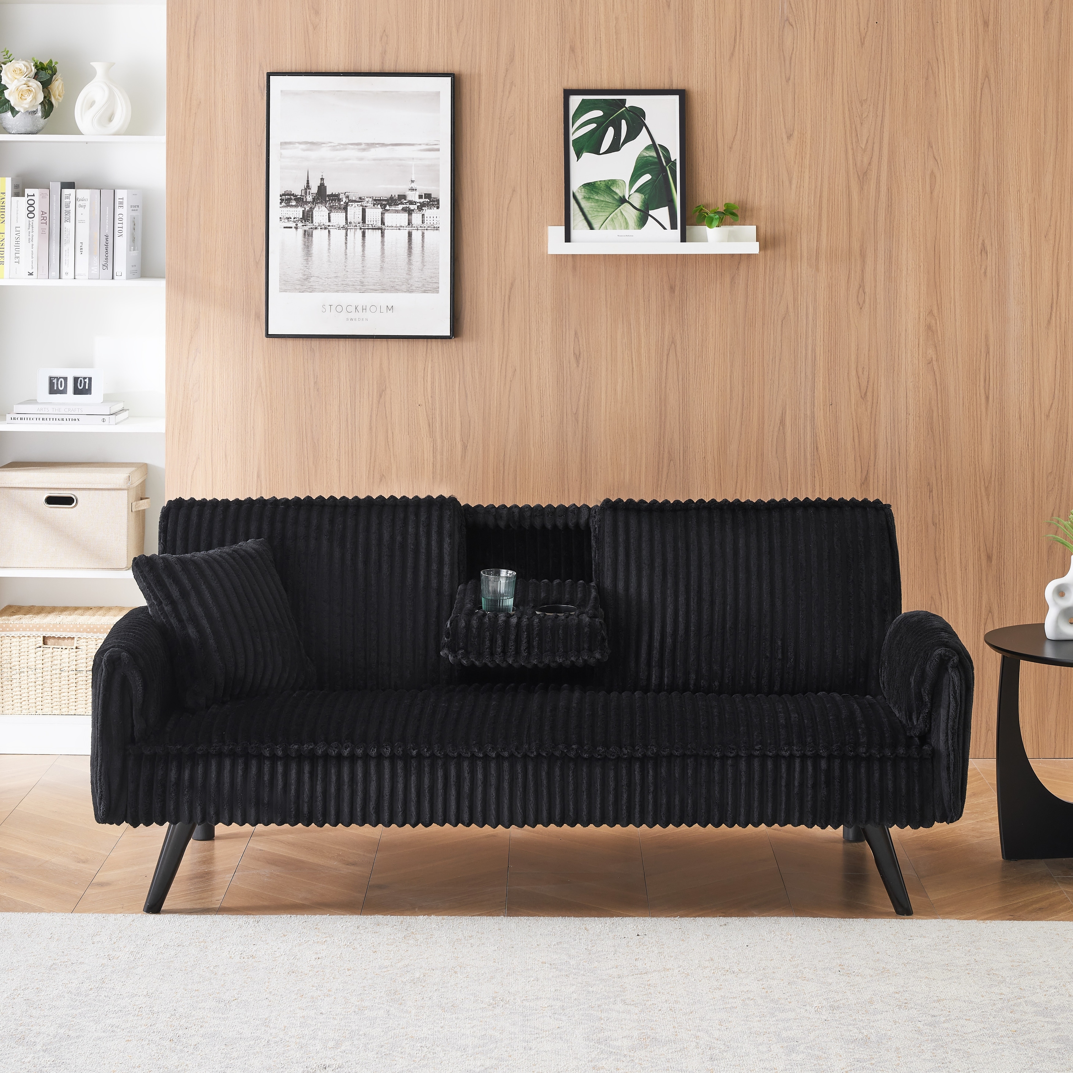 Stylish Loveseat Black 2 Seater Sofa Couch with Hidden Cup Holder, Sleeper Sofa Couch with Metal Legs