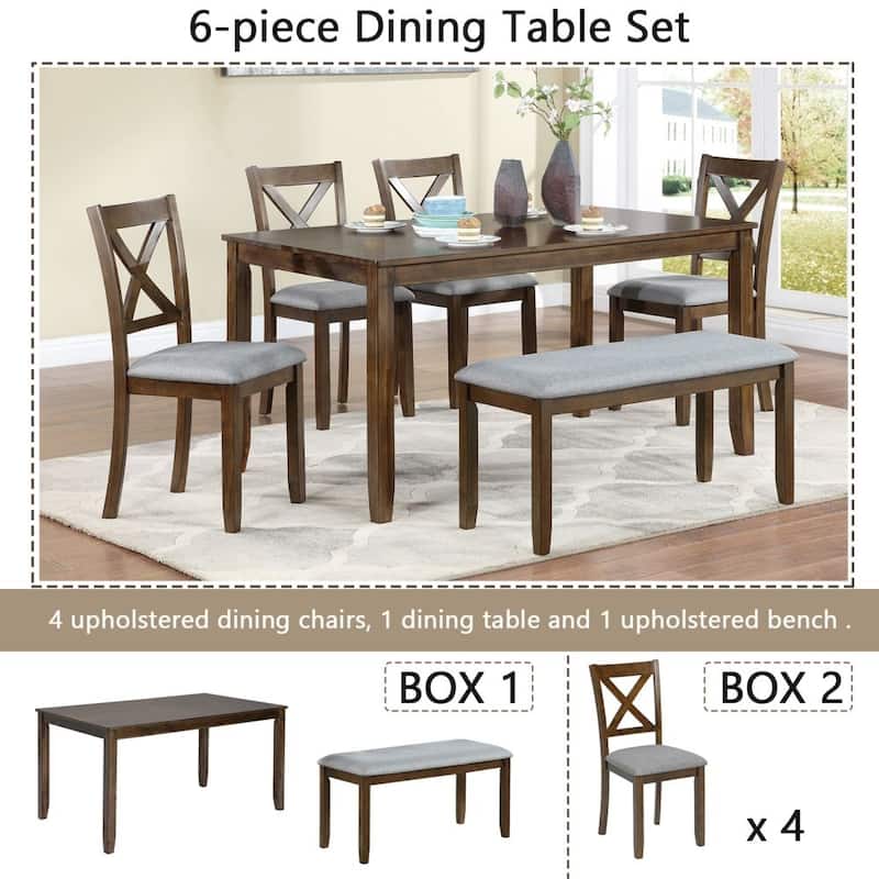 6 Piece Kitchen Dining Set, Rectangular Wooden Dining Table with 4 Upholstered Chairs and a Bench
