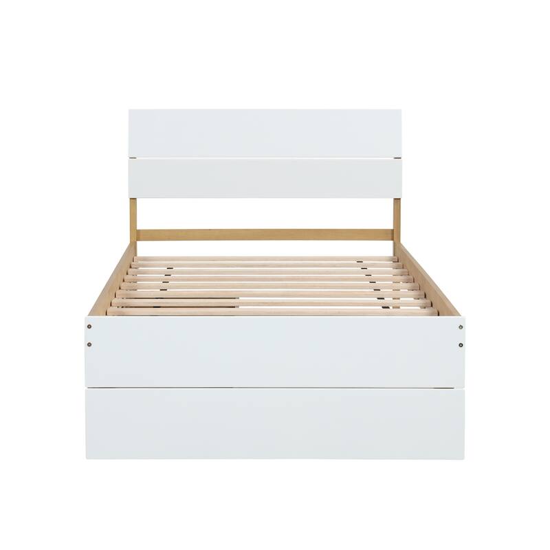 White + Light Oak Twin Size Platform Bed with Two Drawers and High Gloss Finish