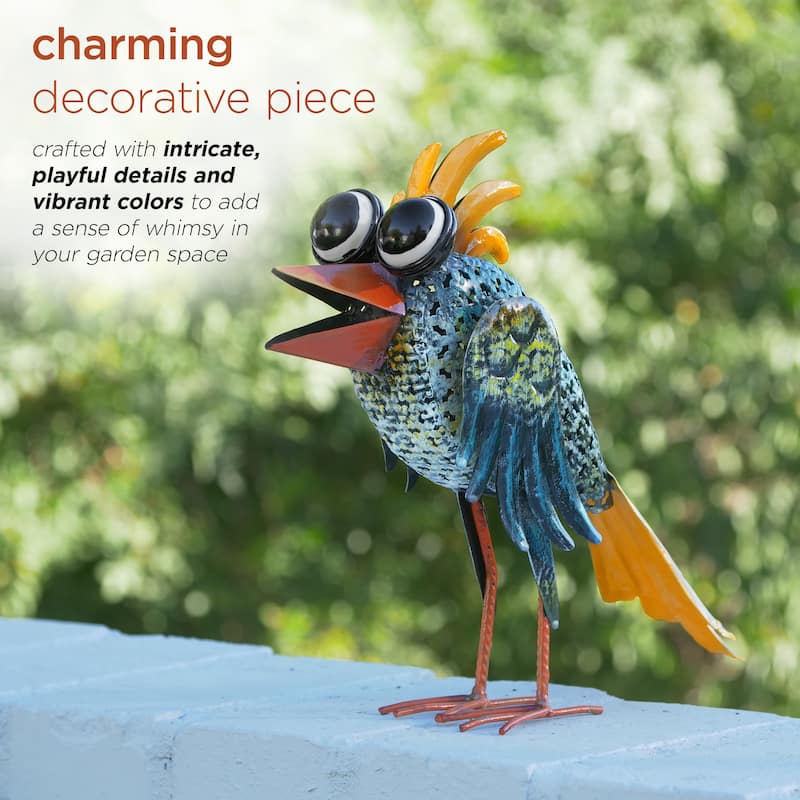 Alpine Corporation 11" Tall Outdoor Metal Wide-Eyed Bird Statue Colorful Indoor/Outdoor Animal Decor