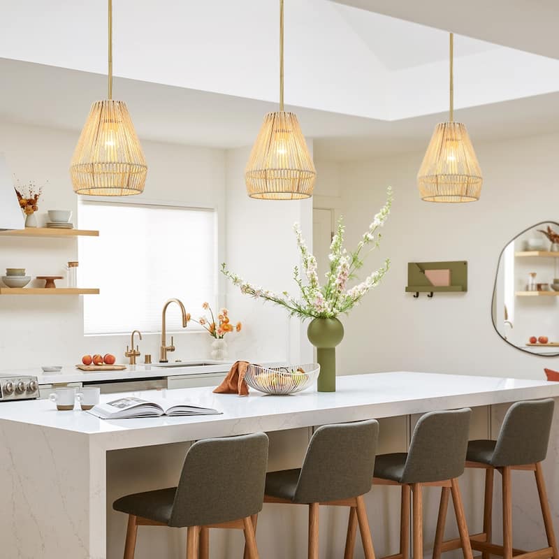 1-Light Rattan Single Pendant Light with Brass Canopy - 9.5'' W