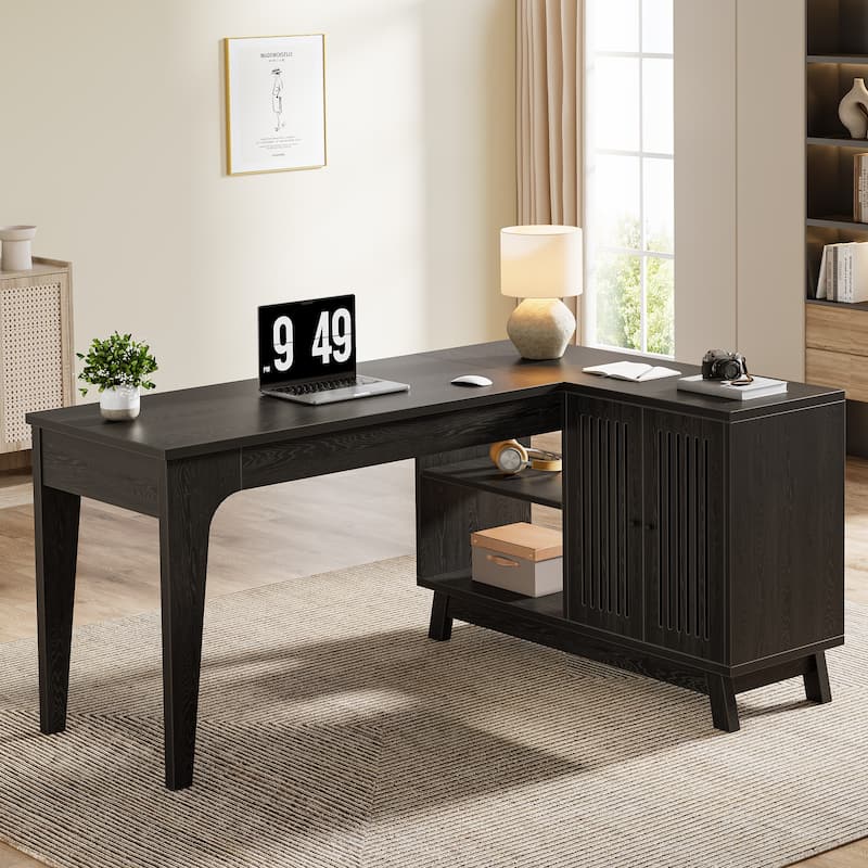 L-Shaped Desk with Storage Cabinet, 57-Inch Wood Corner Workstation - Black