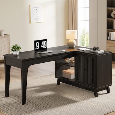 L-Shaped Desk with Storage Cabinet, 57-Inch Wood Corner Workstation