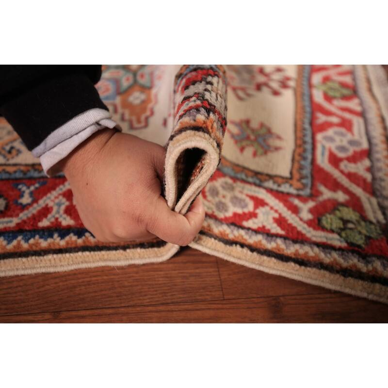 Ivory Geometric Kazak Oriental Foyer Rug Hand-Knotted Wool Carpet - 2'0" x 3'0"
