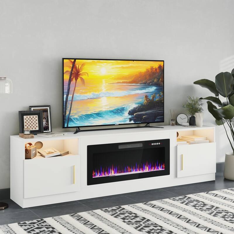 80" Modern Electric Fireplace TV Stand with 20-Color LED Lights, Fits Up to 90" TV, Adjustable Shelves & Cable Management - White