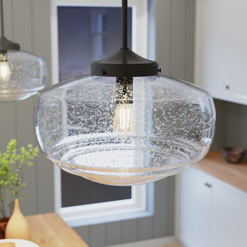 Hunter 16" Saddle Creek 1 Light Pendant / Semi-Flush Mount Ceiling Light - Entry, Kitchen Island, Dining Room - Schoolhouse - Noble Bronze - Seeded Glass