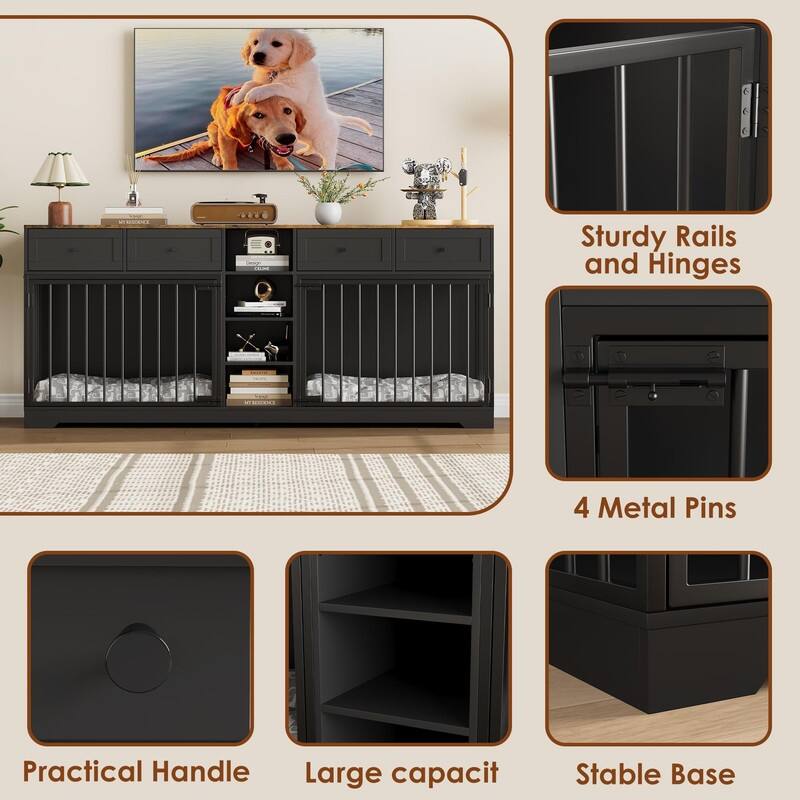 Wooden Dog Cage Crate Furniture TV Stand Large Dog Kennel with 4 Drawers and Shelves for 2 dogs