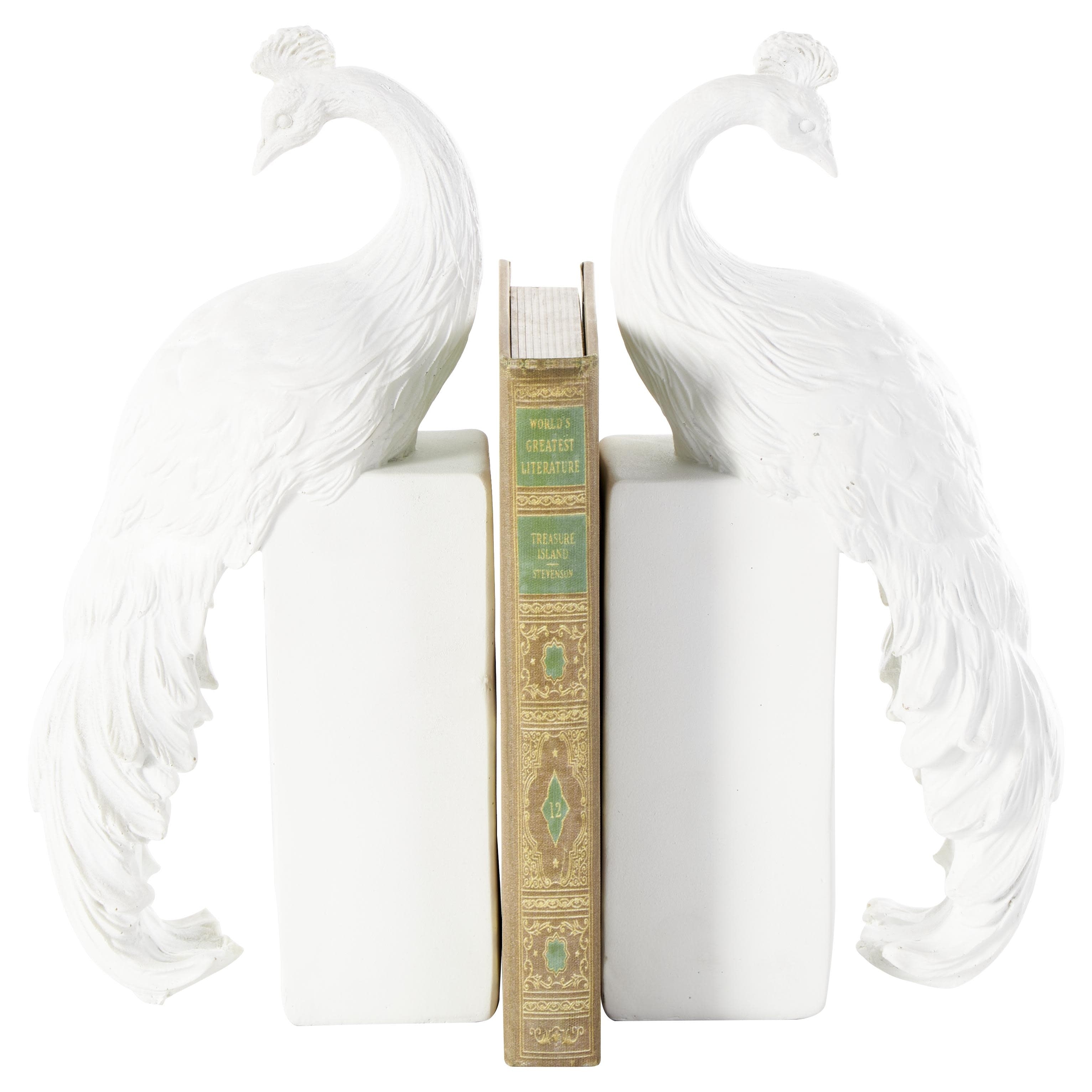 Resin Peacock Textured Decorative Bookends with Tall Block Bases - Set of 2 White - Roche River Decor