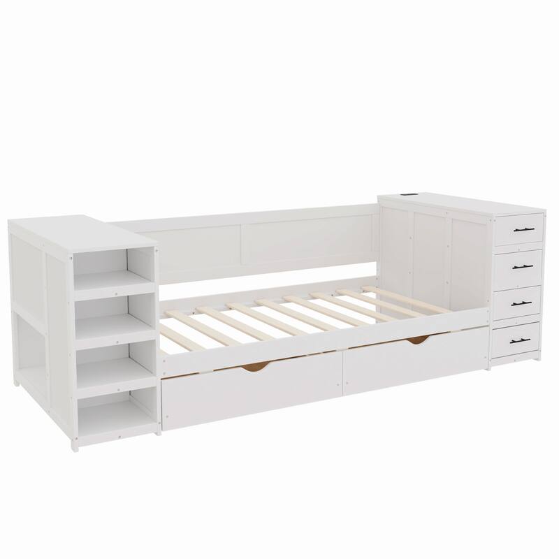 White Twin Daybed with Desk - Storage Bed with Shelves, Drawers & Charging Station