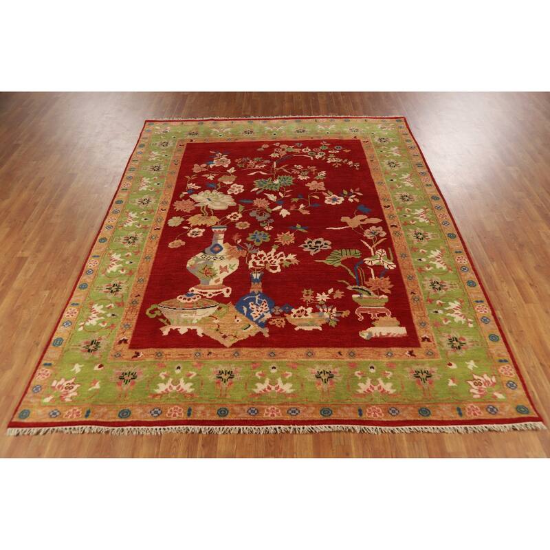 Red Pictorial Floral Heriz Serapi Indian Rug Hand-Knotted Wool Carpet - 7'11" x 10'0"