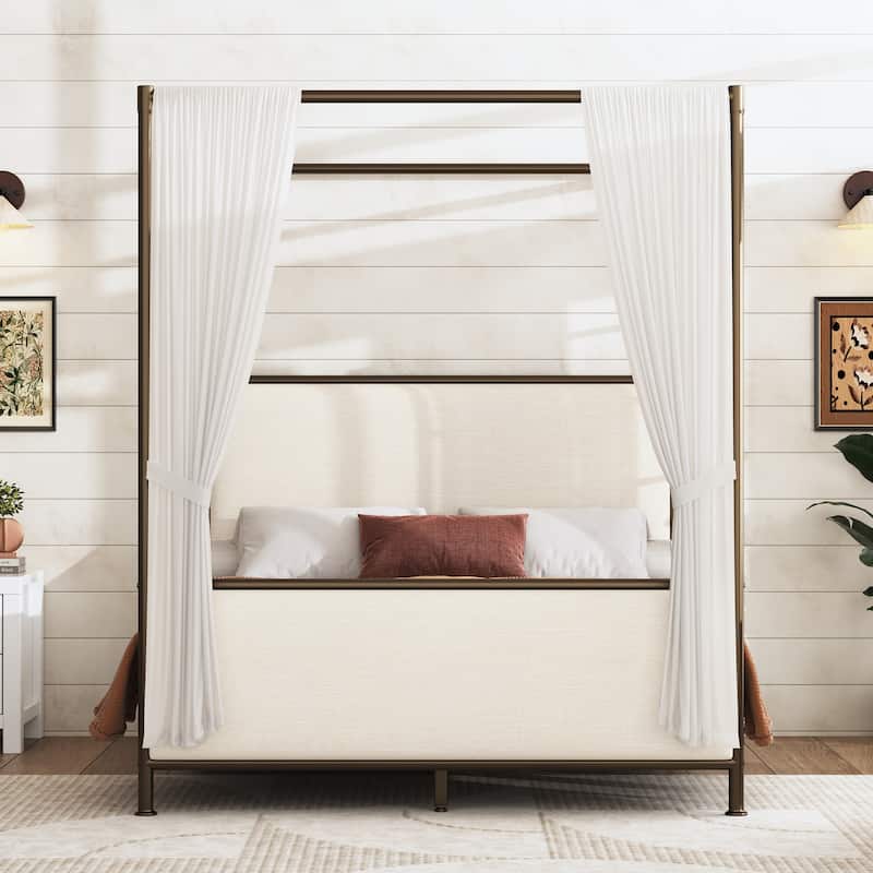 Modern Canopy Bed Frame with Upholstered Headboard Footboard, Platform Bed with Metal Frame, Wooden Slat Support, Noise-free