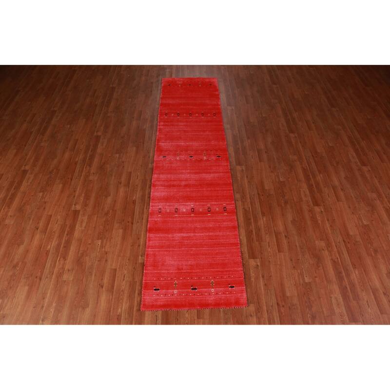 Hand Knotted Oriental 100% Wool Carpet Tribal Stripe Red Gabbeh Runner Rug - 10' 0'' X 2' 6''