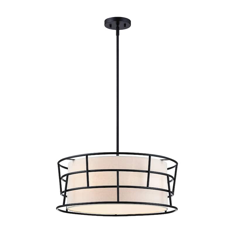 Aria Falls 60 Watt 3-Light Matte Black Drum Pendant with Fabric Shade and Metal Outer Cage - 9.25