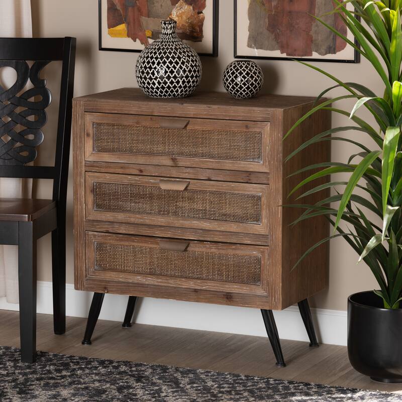 Calida Whitewashed Natural Brown Wood and Rattan 3-Drawer Cabinet