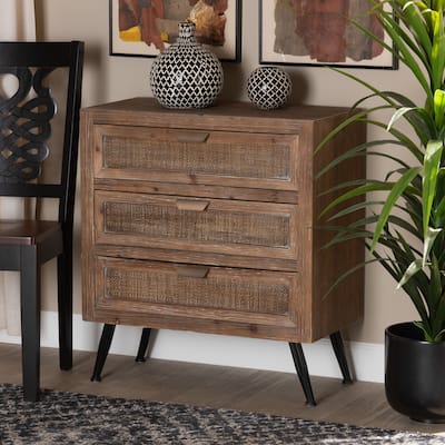 Calida Whitewashed Natural Brown Wood and Rattan 3-Drawer Cabinet