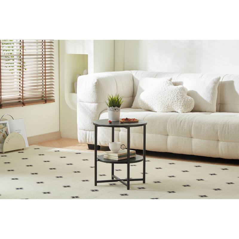 Modern Small Round Coffee Table 2 Tier Farmhouse End Table with Storage Shelf, for Bedroom Living Room, Black