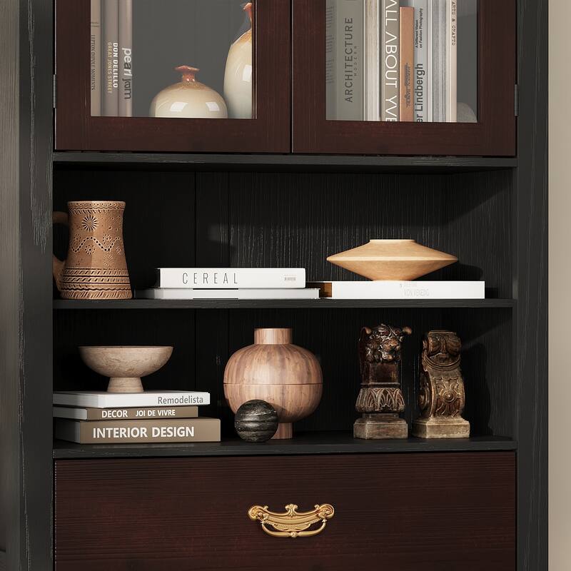 Asian Style Display Cabinet with Glass Doors Accent Curio Cabinet with Drawer Solid Wood and Tempered Glass Storage Shelf