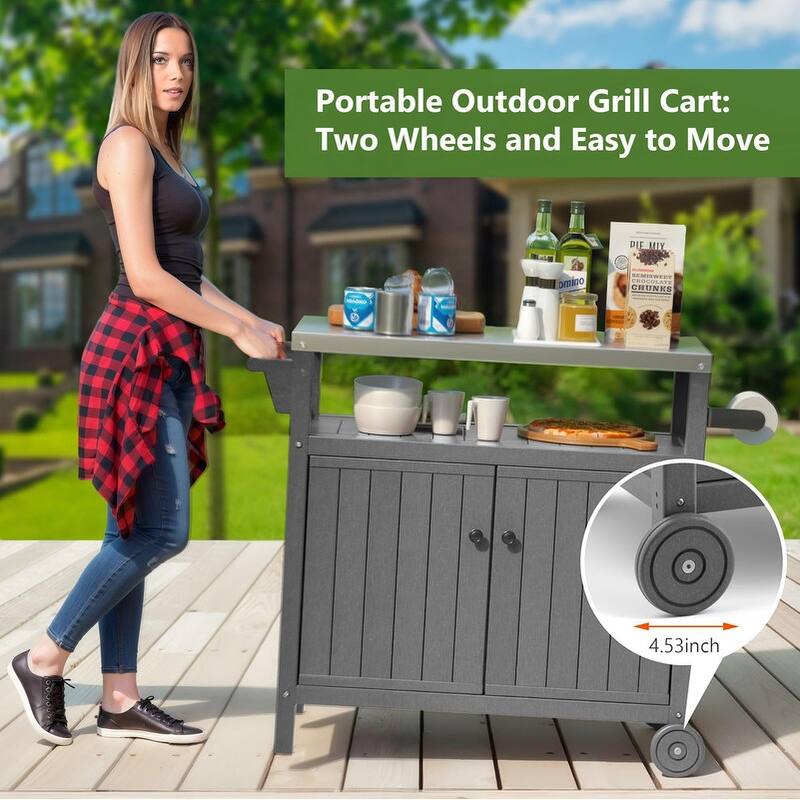 HDPE Portable Outdoor Grill Cart, Waterproof BBQ Prep Table, 304 Stainless Steel Top, Camping Cart 42.12" L x 20.71" W, Black