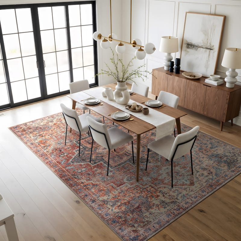 Beige Floral Medallion Washable Rug - Low Pile, Non-Slip