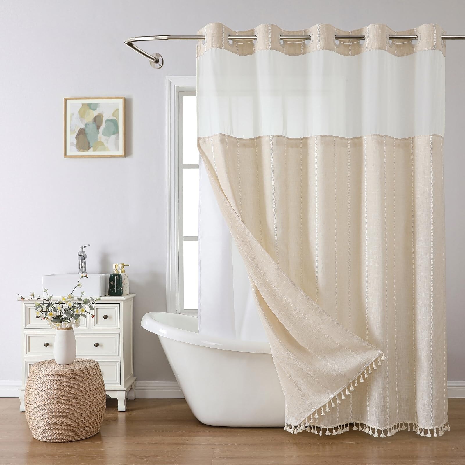 Nesphy No Hook Rustic Farmhouse Shower Curtain With Snap In Fabric Liner Set Blue Daisy Flowers And Butterfly On Wooden Double Layers Waterproof With See Through Top Bath Curtain 71x86 Inch