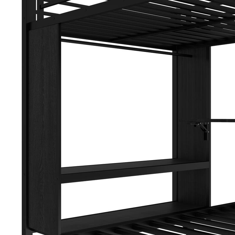 Roomfitters Twin/Full/Queen Metal Bunk Bed with Built-in Wardrobe, Trundle & Foldable Desk, Noise-Reduced Design, Black