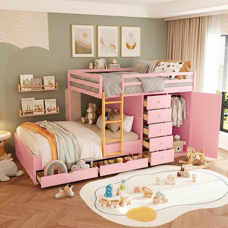Full Size Bunk Bed with Built-in Drawers, Wardrobe & Ladder by Harper&Bright Designs - Sakura Pink
