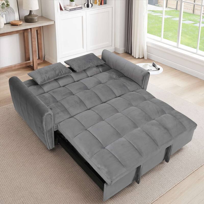 64.9" 3-in-1 Convertible Velvet Double Futon Sofa Bed with 2 Pillows