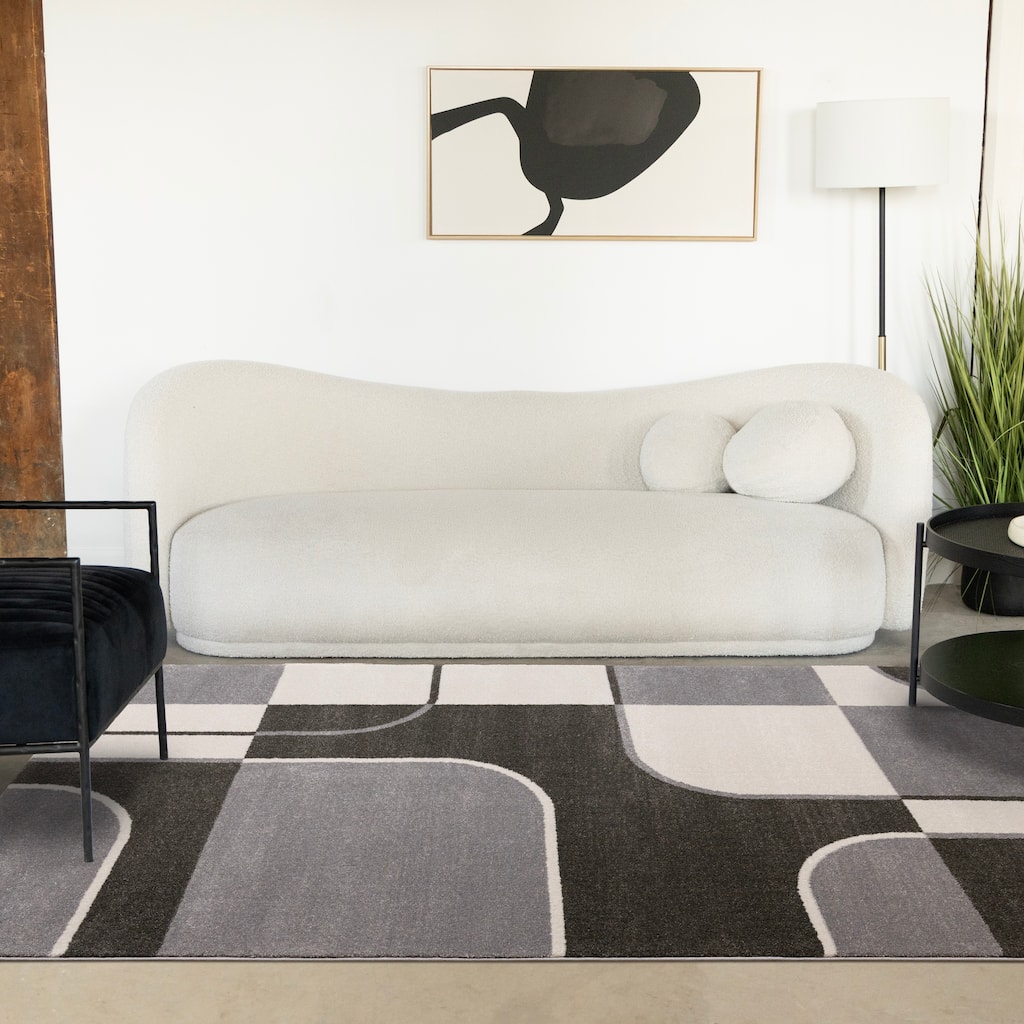 Grey Black White Mid Century Geometric High-Traffic Rug