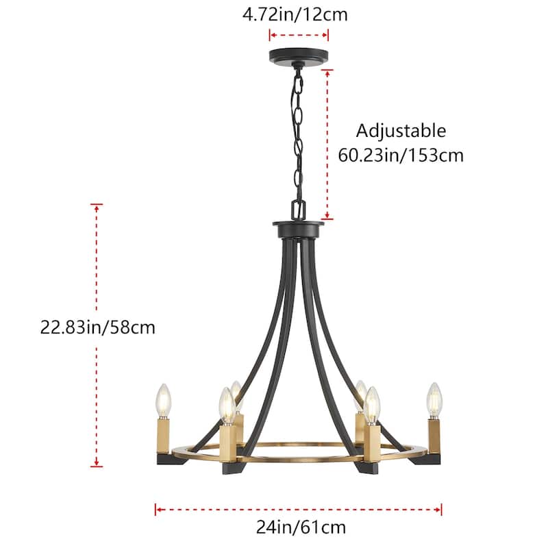 6-Lights Wagon Wheel Vintage Style Dimmable Chandelier - 24"D×4.7"W×83.0"H （Adjustable）