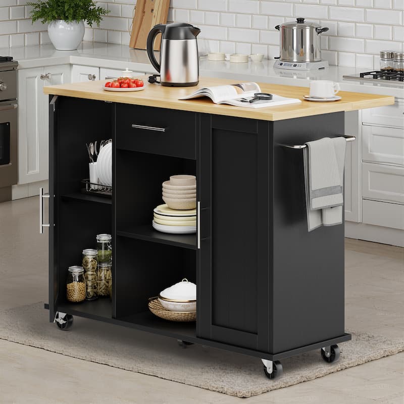 2-Door Kitchen Island with Drawer & Drop Leaf - Mobile Storage Cart on Lockable Wheels for Kitchen, Dining Room, Bar - Black/Yellow