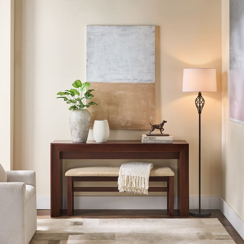Fluted Counter Height Bar Table Set for Two with Upholstered Bar Stool and Solid Wood Legs - Cherry
