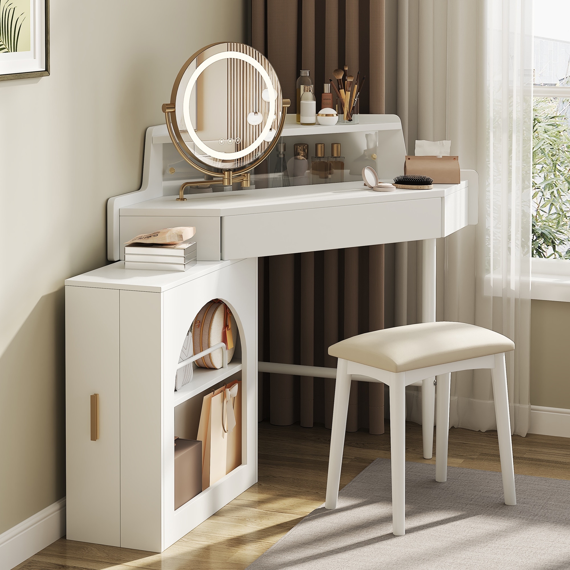 Corner Vanity Desk with Mirror & Lights, Wood Fluted Makeup Vanity Desk, Dressing Table with Large Storage Space