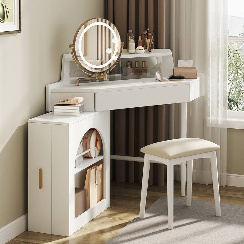 Corner Vanity Desk with Mirror & Lights, Wood Fluted Makeup Vanity Desk, Dressing Table with Large Storage Space - White
