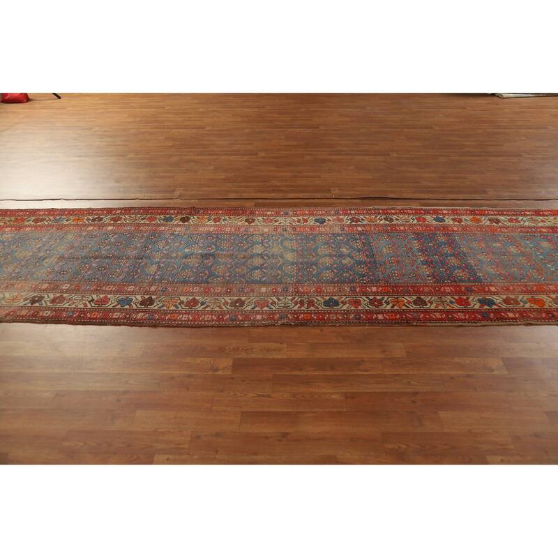 Hand Knotted Oriental 100% Wool Carpet Traditional Geometric Navy Blue & Blues Heriz Runner Rug - 15' 0'' X 3' 6''