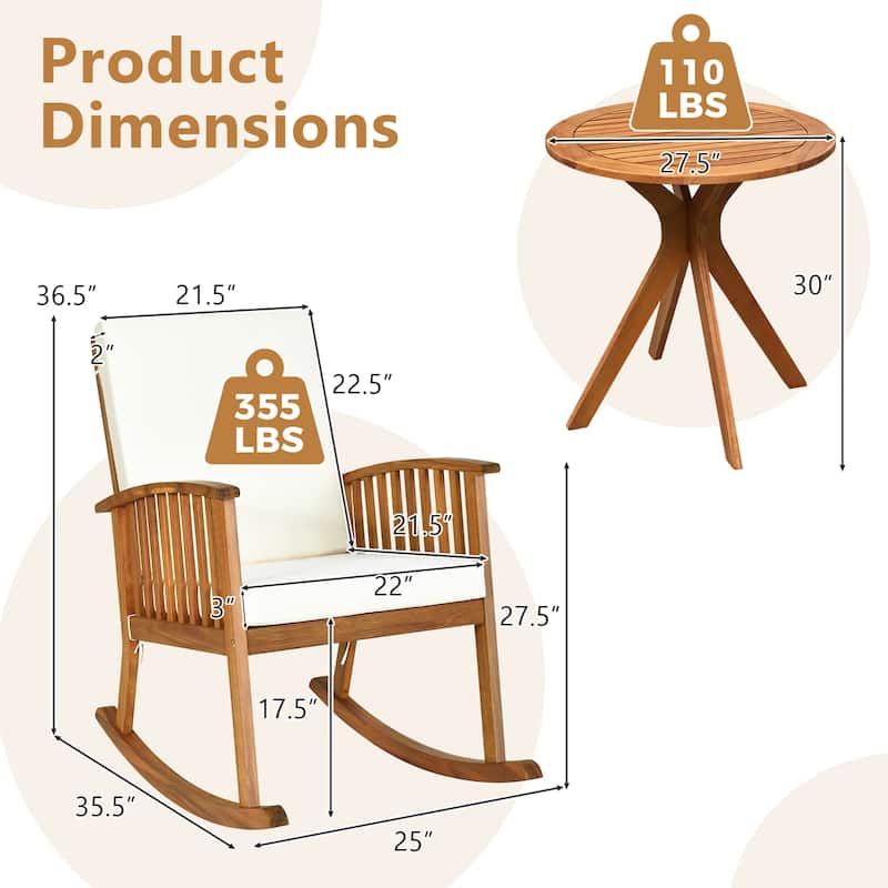 Gymax 3PCS Patio Rocking Chair Set Round Table Solid Wood Cushioned