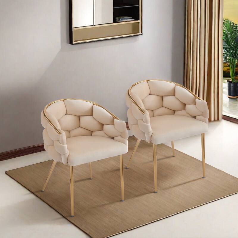 Set of 2 Luxury Handmade Accent Chair with Gold Legs, Modern Velvet Armchair Dining Chair for Living Room Bedroom - Beige