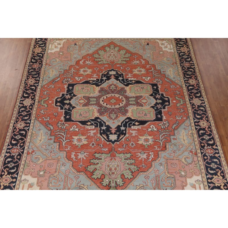 Geometric Heriz Serapi Area Rug Hand-Knotted Orange Wool Carpet - 9'11" x 13'3"