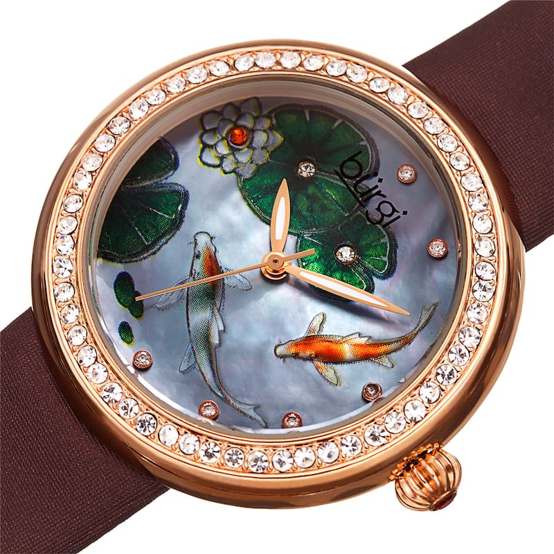 Burgi Ladies Koi Pond Crystal Brown Leather Strap Watch