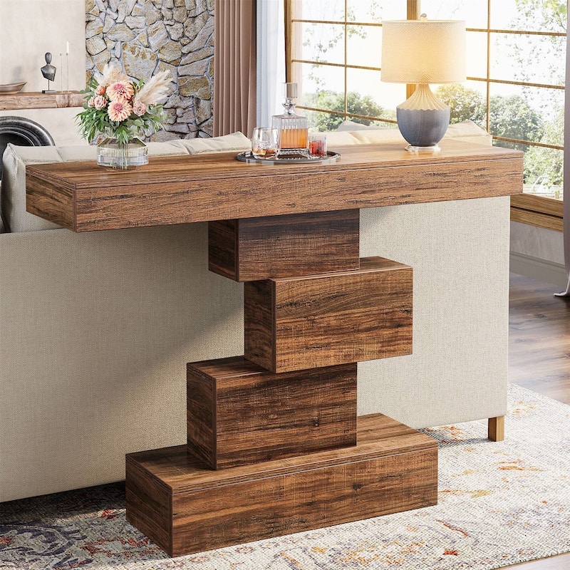 Modern 42-Inch Sofa Table with Rustic Wood Grain Finish and Geometric Base for Hallway or Living Room - Rustic Brown