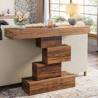 Modern 42-Inch Sofa Table with Rustic Wood Grain Finish and Geometric Base for Hallway or Living Room