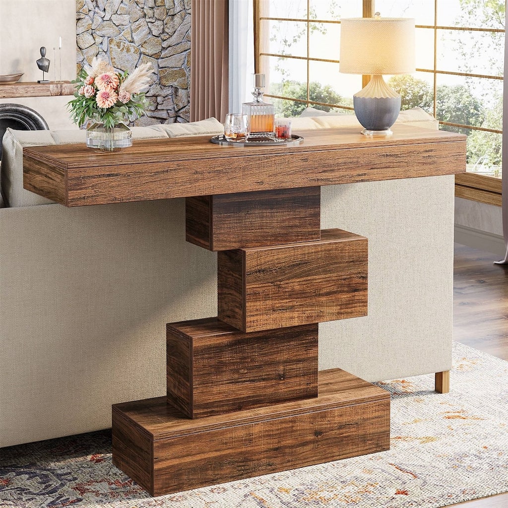 Modern 42-Inch Sofa Table with Rustic Wood Grain Finish and Geometric Base for Hallway or Living Room