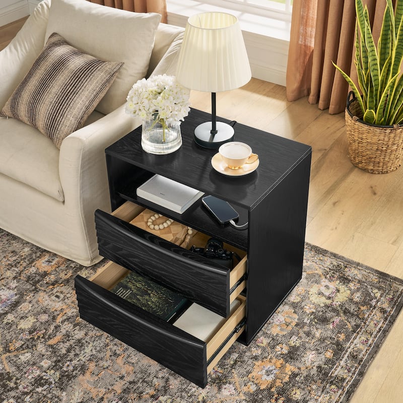 Mid Century Modern Nightstand with Charging Station & Outlet Hole & 2 Solid Wood Drawers