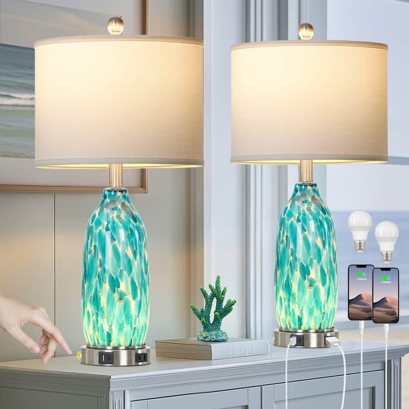 26'' Coastal-Inspired Blue Table Lamp with Dual Lighting & Charging Hub(Set of 2) - 12'' x 12'' x 26''